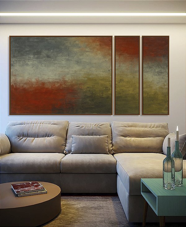 Trio de Quadros Estilizados Verde Oliva Vermelho Carmim Azul Acinzentado Textura Canvas Moldura