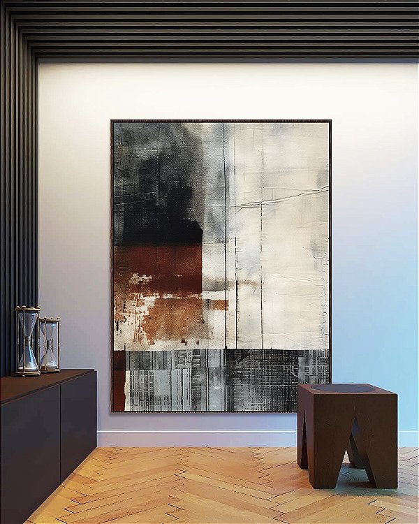 Quadro Vertical Abstrato Terracota Cinza Preto Textura Canvas Moldura