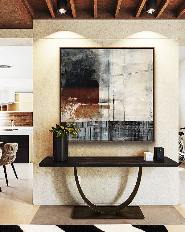 Quadro Quadrado Abstrato Terracota Cinza Preto Textura Canvas Moldura