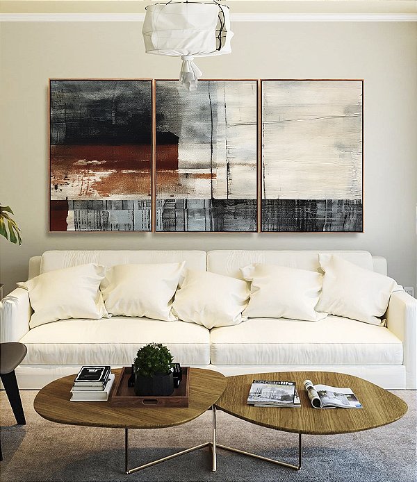 Trio de Quadros Abstrato Terracota Cinza Preto Textura Canvas Moldura