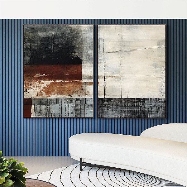 Duo de Quadros Abstrato Terracota Cinza Preto Textura Canvas Moldura