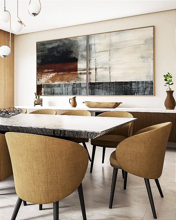 Duo de Quadros Quadrados Abstrato Terracota Cinza Preto Textura Canvas Moldura