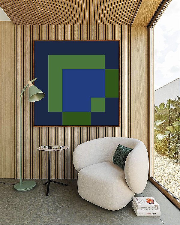 Quadro Quadrado Abstrato Geométrico Azul Marinho Verde Esmeralda Canvas Moldura