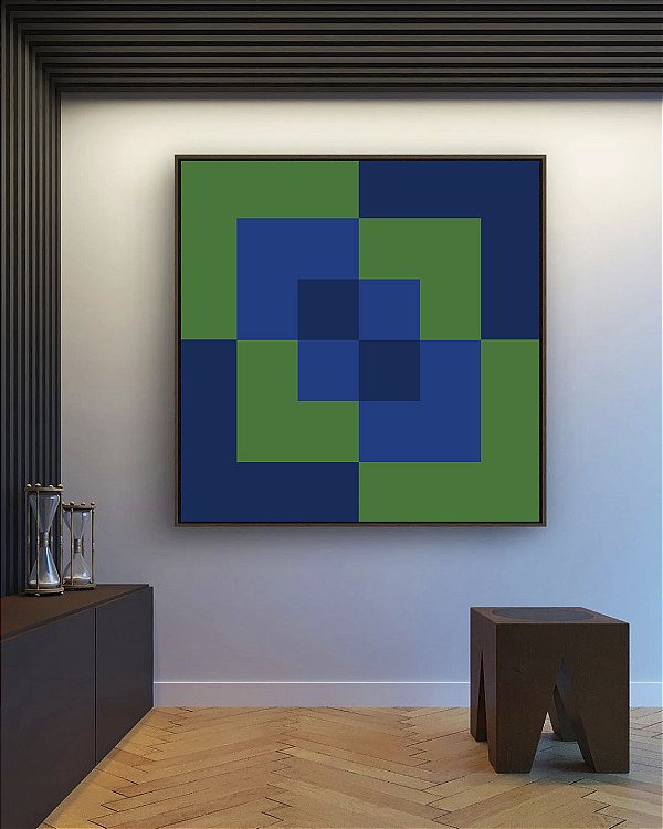 Quadro Quadrado Geométrico Abstrato Azul Marinho Verde Esmeralda Arte Canvas Moldura
