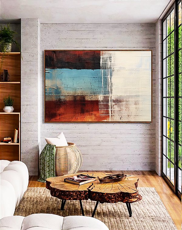 Quadro Horizontal Abstrato Terracota Azul Cinza Preto Textura Canvas Moldura