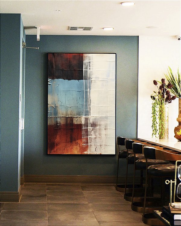 Quadro Vertical Abstrato Terracota Azul Cinza Preto Textura Canvas Moldura