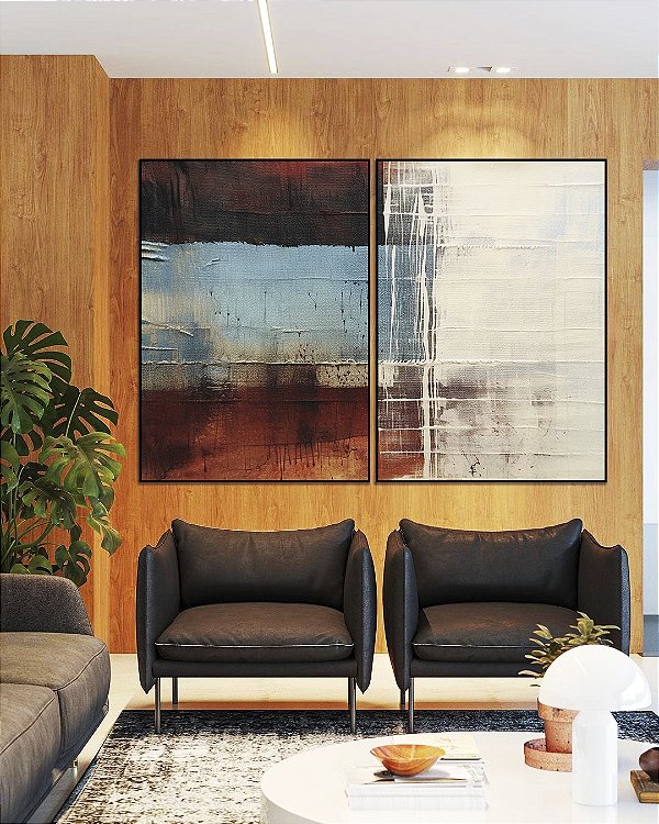 Duo de Quadros Abstrato Terracota Azul Cinza Preto Textura Canvas Moldura