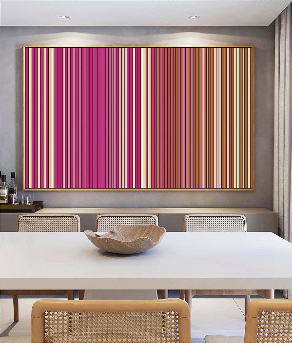 Quadro Horizontal Abstrato Degradê Listras Rosa Choque Bege Caramelo Canvas Moldura