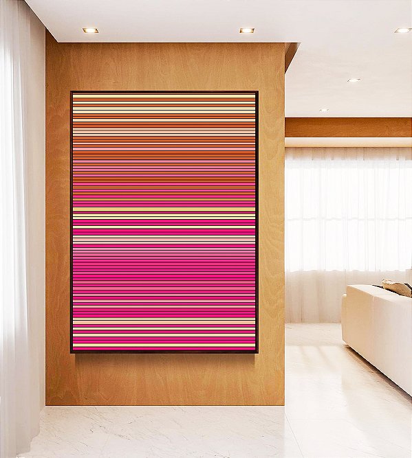 Quadro Vertical Abstrato Degradê Listras Rosa Choque Bege Caramelo Canvas Moldura