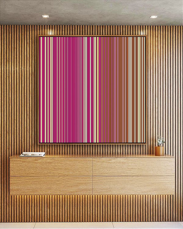 Quadro Quadrado Abstrato Degradê Listras Rosa Choque Bege Caramelo Canvas Moldura
