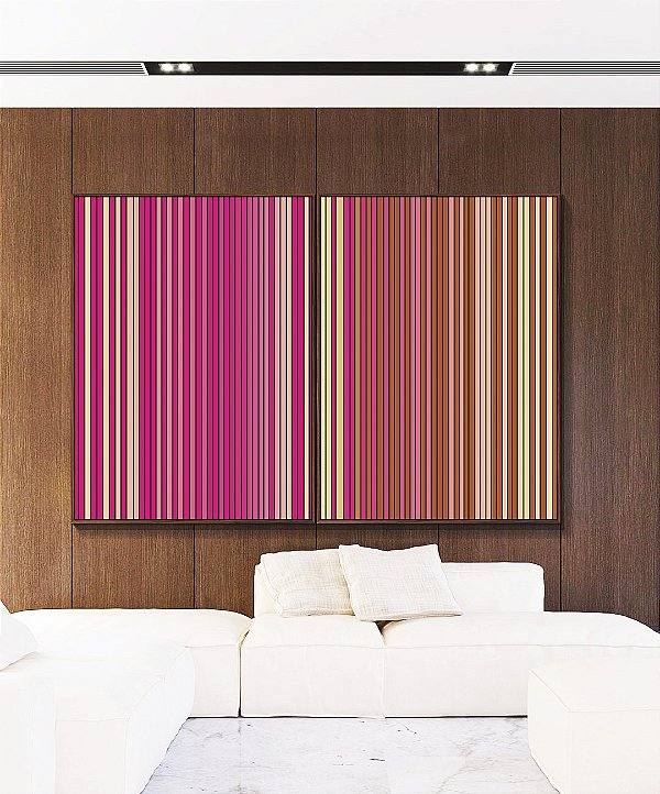 Duo de Quadros Abstrato Degradê Listras Rosa Choque Bege Caramelo Canvas Moldura