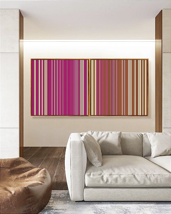 Duo de Quadros Quadrados Abstrato Degradê Listras Rosa Choque Bege Caramelo Canvas Moldura