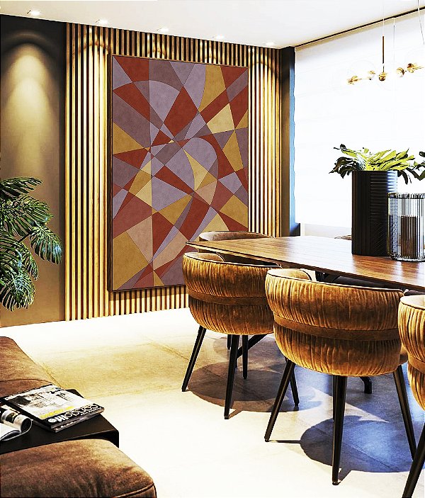 Quadro Vertical Abstrato Mosaico Vermelho Carmim Lilás Bronze Bordô Canvas Moldura