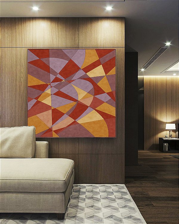 Quadro Quadrado Abstrato Mosaico Vermelho Carmim Lilás Bronze Bordô Canvas Moldura