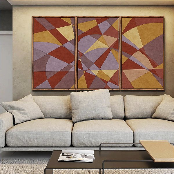 Trio de Quadros Abstrato Mosaico Vermelho Carmim Lilás Bronze Bordô Canvas Moldura