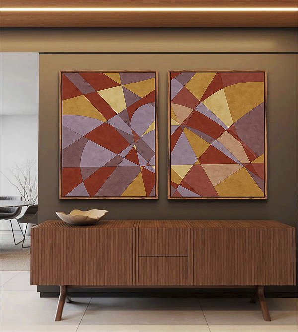 Duo de Quadros Abstrato Mosaico Vermelho Carmim Lilás Bronze Bordô Canvas Moldura