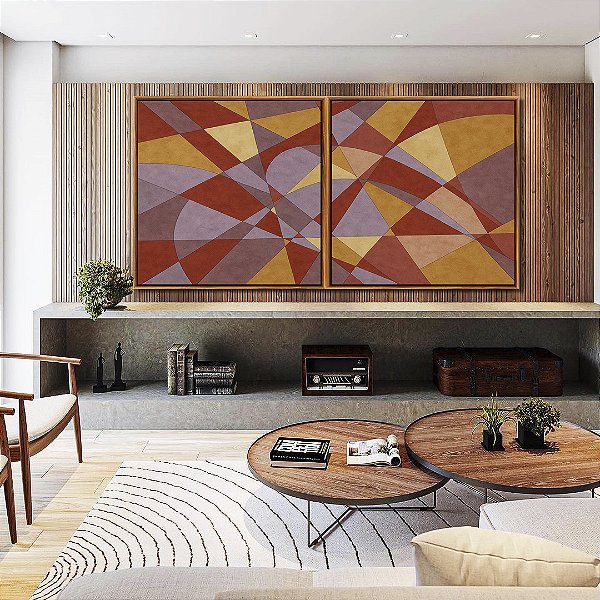 Duo de Quadros Quadrados Abstrato Mosaico Vermelho Carmim Lilás Bronze Bordô Canvas Moldura