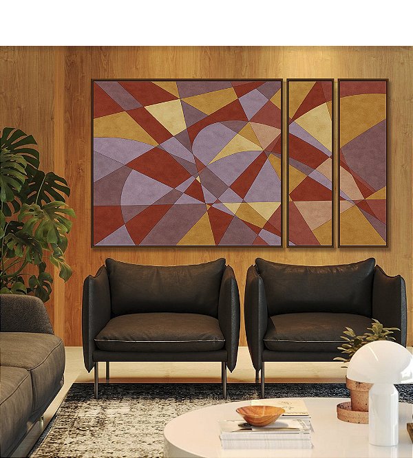Trio de Quadros Estilizados Abstrato Mosaico Vermelho Carmim Lilás Bronze Bordô Canvas Moldura