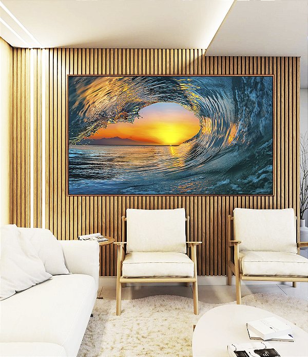 Quadro Horizontal Mar Azul Onda e Pôr do Sol Natureza Canvas Moldura