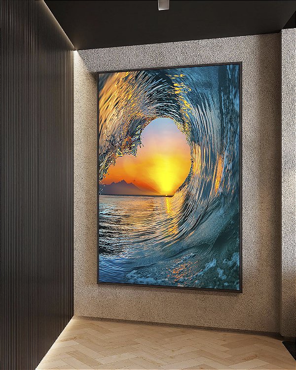 Quadro Vertical Mar Azul Onda e Pôr do Sol Natureza Canvas Moldura