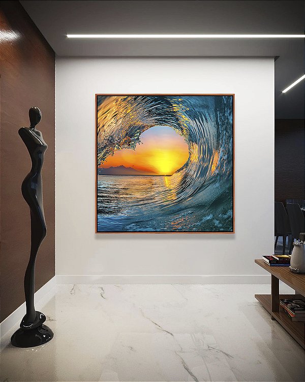 Quadro Quadrado Mar Azul Onda e Pôr do Sol Natureza Canvas Moldura