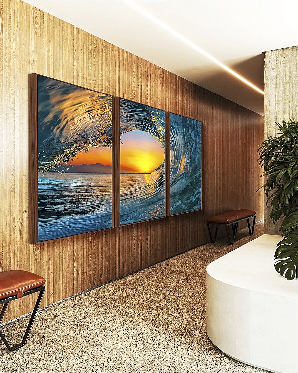 Trio de Quadros Mar Azul Onda e Pôr do Sol Natureza Canvas Moldura