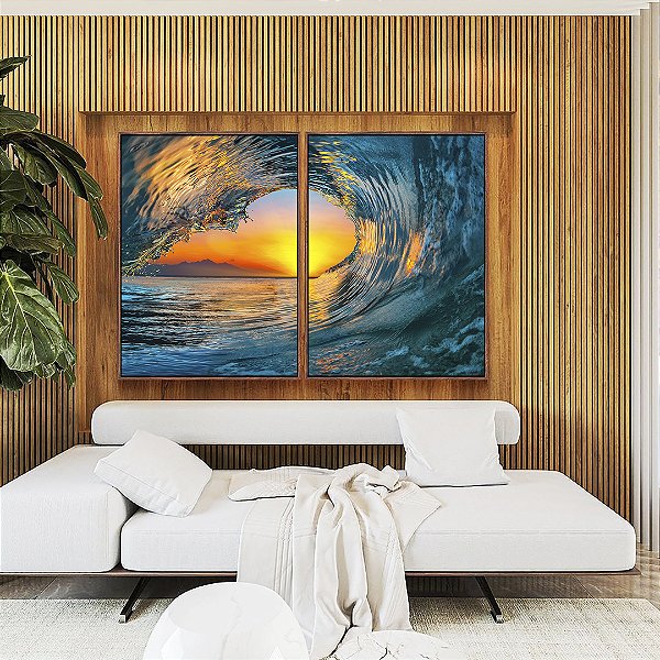 Duo de Quadros Mar Azul Onda e Pôr do Sol Natureza Canvas Moldura