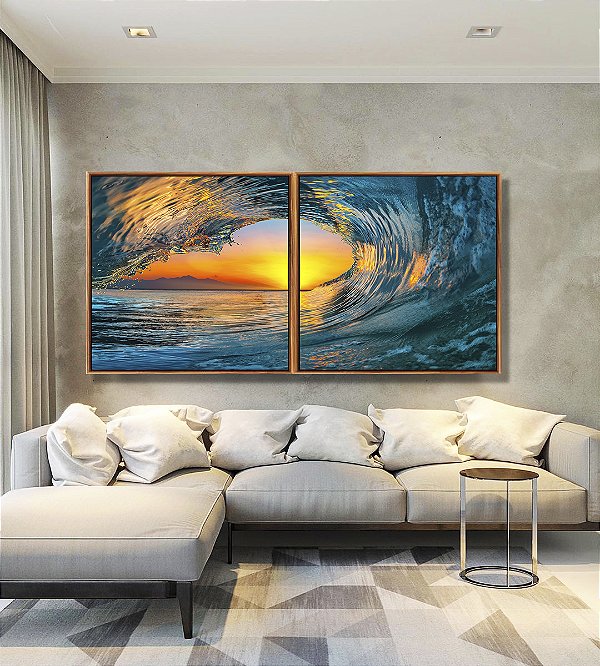 Duo de Quadros Quadrados Mar Azul Onda e Pôr do Sol Natureza Canvas Moldura