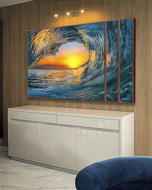 Trio de Quadros Estilizados Mar Azul Onda e Pôr do Sol Natureza Canvas Moldura