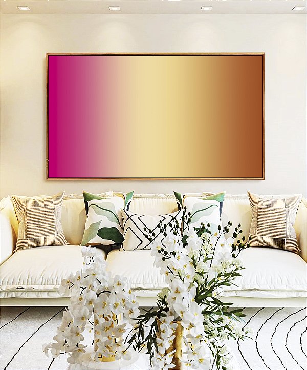 Quadro Horizontal Abstrato Degradê Rosa Choque Bege Caramelo Canvas Moldura