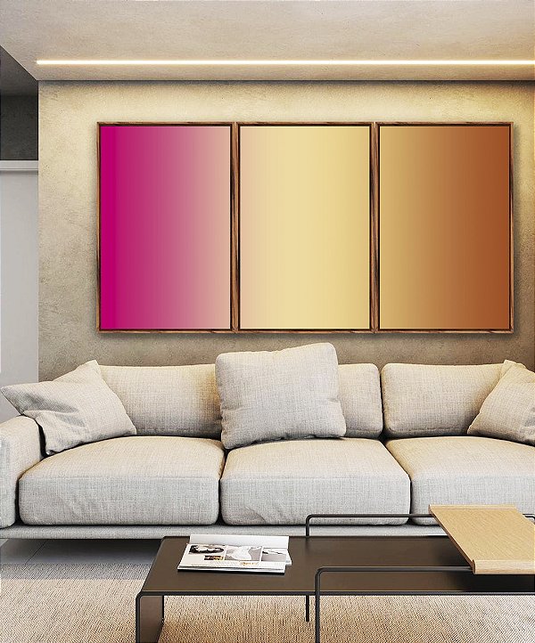 Trio de Quadros Abstrato Degradê Rosa Choque Bege Caramelo Canvas Moldura