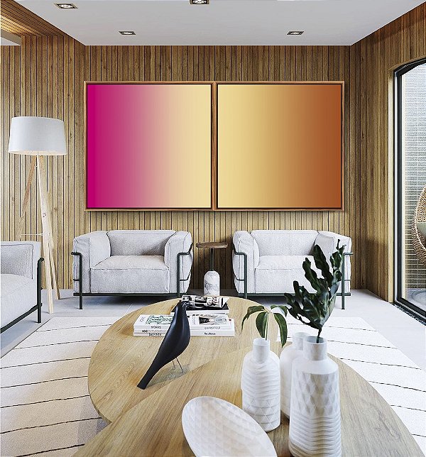 Duo de Quadros Quadrados Abstrato Degradê Rosa Choque Bege Caramelo Canvas Moldura