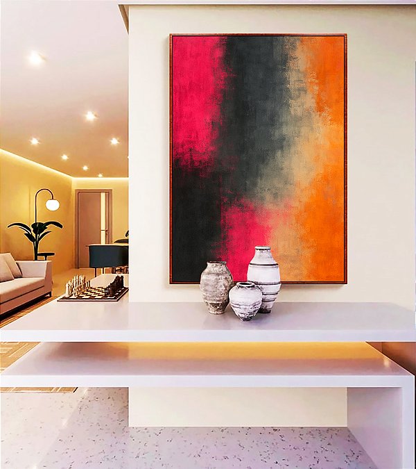 Quadro Vertical Abstrato Rosa Choque Cinza Chumbo Caramelo Canvas Moldura