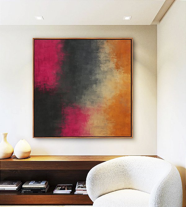 Quadro Quadrado Abstrato Rosa Choque Cinza Chumbo Caramelo Canvas Moldura
