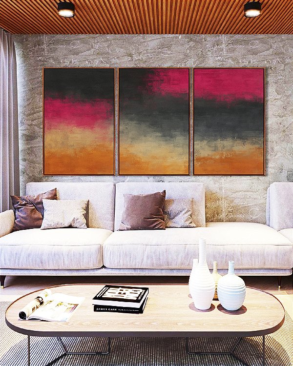 Trio de Quadros Abstrato Rosa Choque Cinza Chumbo Caramelo Canvas Moldura