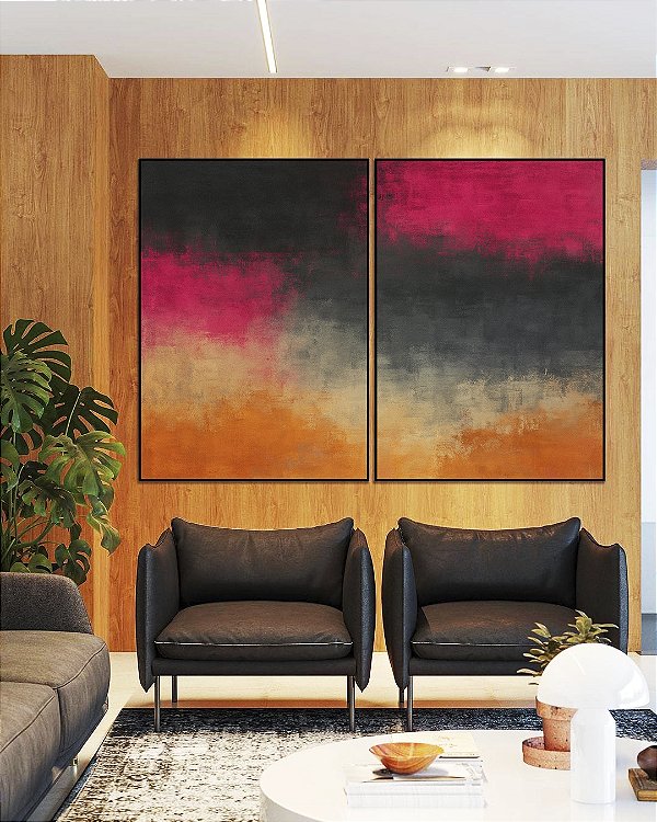 Duo de Quadros Abstrato Rosa Choque Cinza Chumbo Caramelo Canvas Moldura