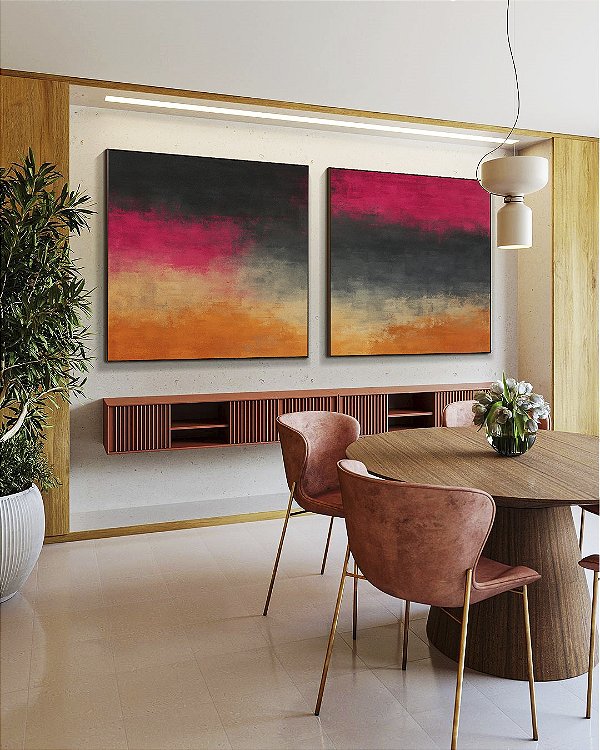 Duo de Quadros Quadrados Abstrato Rosa Choque Cinza Chumbo Caramelo Canvas Moldura