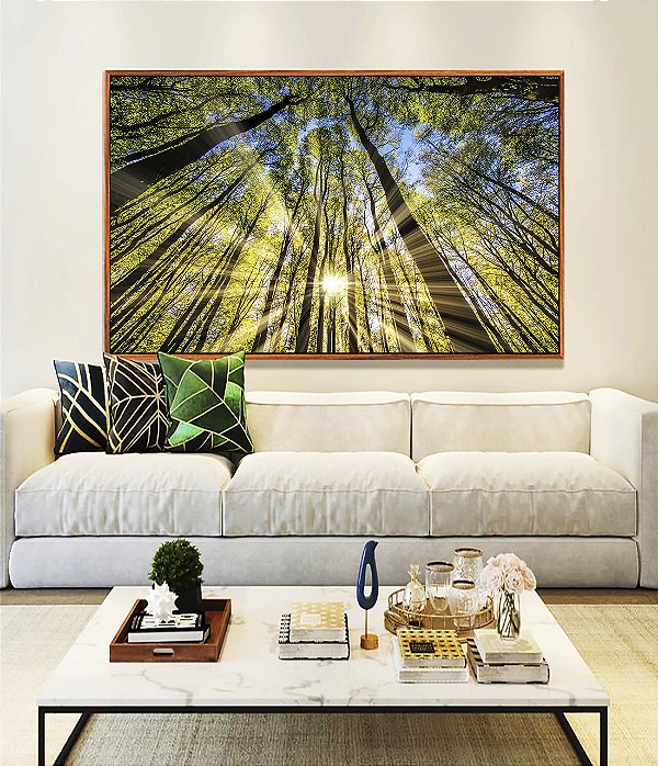 Quadro Horizontal Floresta Céu Azul Luzes do Sol Árvores Natureza Canvas Moldura