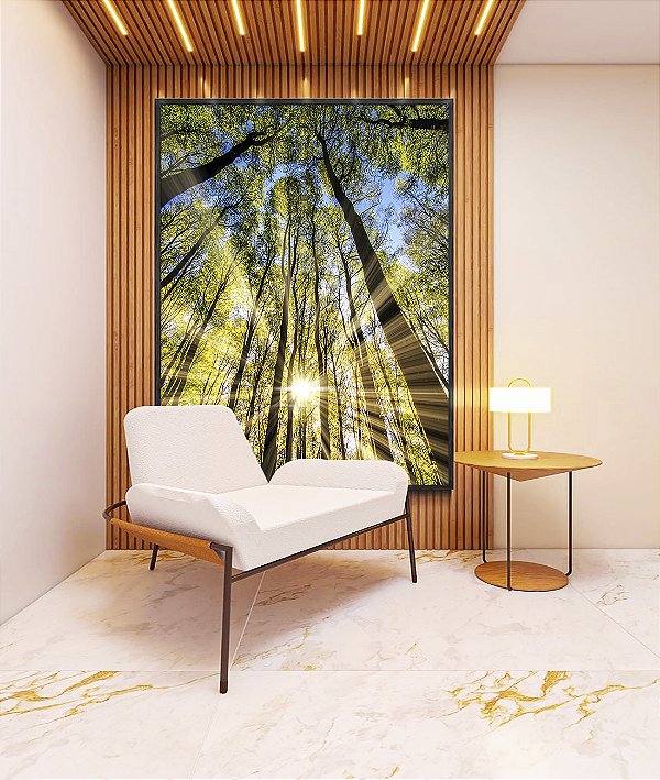 Quadro Vertical Floresta Céu Azul Luzes do Sol Árvores Natureza Canvas Moldura