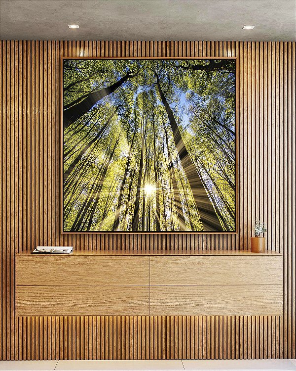Quadro Quadrado Floresta Céu Azul Luzes do Sol Árvores Natureza Canvas Moldura