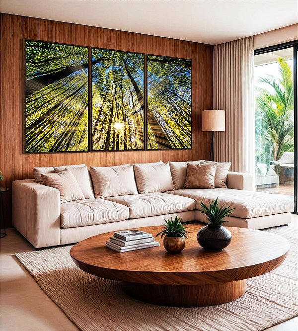 Trio de Quadros Floresta Céu Azul Luzes do Sol Árvores Natureza Canvas Moldura
