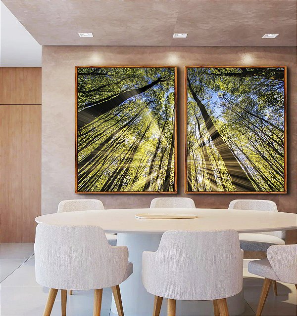 Duo de Quadros Floresta Céu Azul Luzes do Sol Árvores Natureza Canvas Moldura