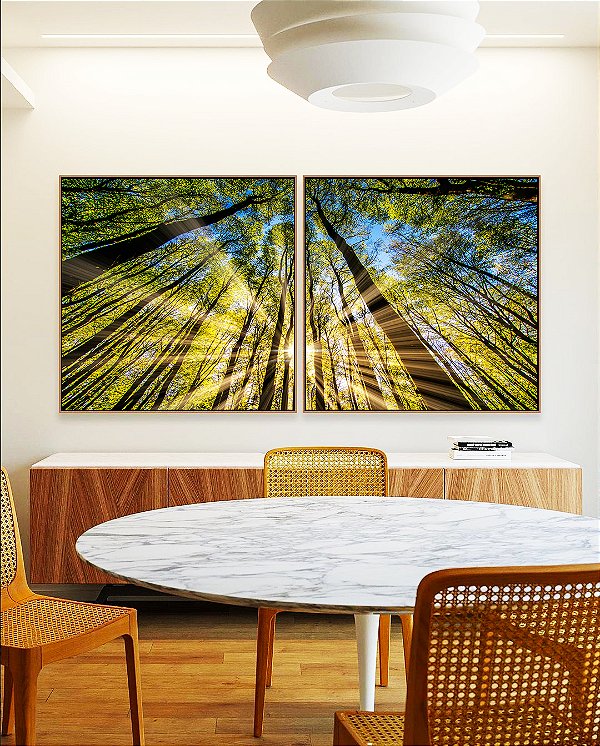 Duo de Quadros Quadrados Floresta Céu Azul Luzes do Sol Árvores Natureza Canvas Moldura