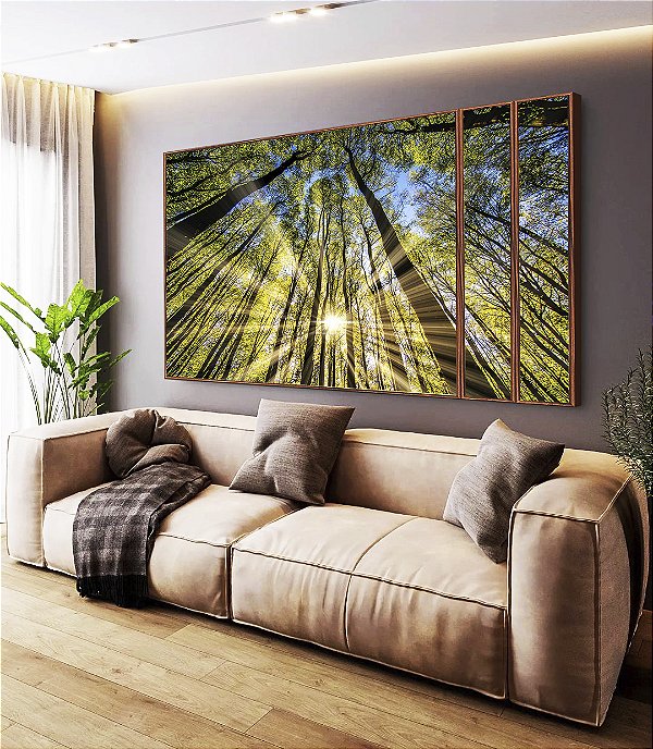 Trio de Quadros Estilizados Floresta Céu Azul Luzes do Sol Árvores Natureza Canvas Moldura