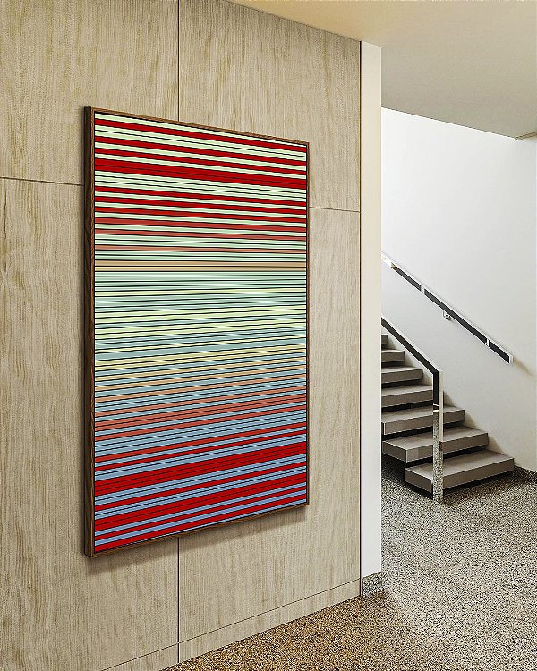 Quadro Vertical Abstrato Degradê Listras Verde Menta Vermelho Tijolo Azul Canvas Moldura