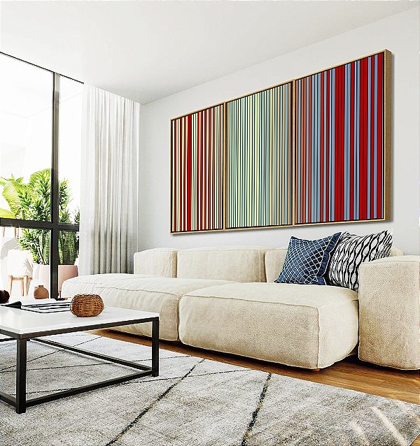 Trio de Quadros Abstrato Degradê Listras Verde Menta Vermelho Tijolo Azul Canvas Moldura