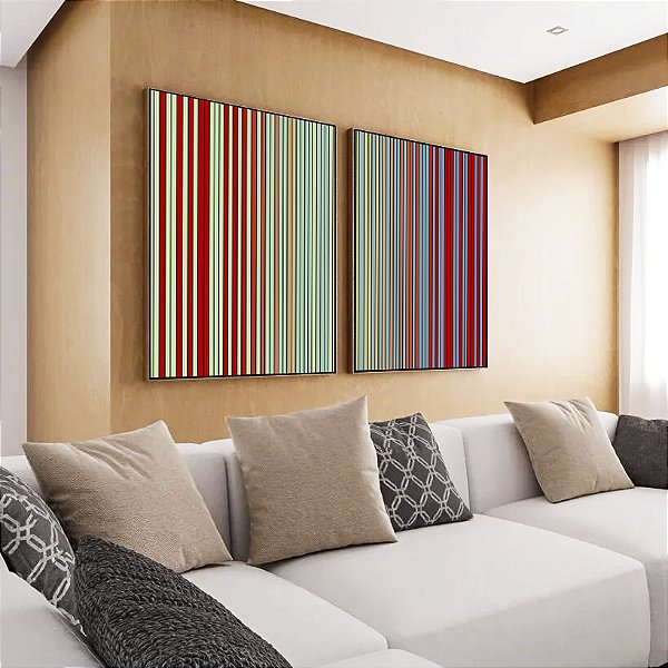 Duo de Quadros Abstrato Degradê Listras Verde Menta Vermelho Tijolo Azul Canvas Moldura