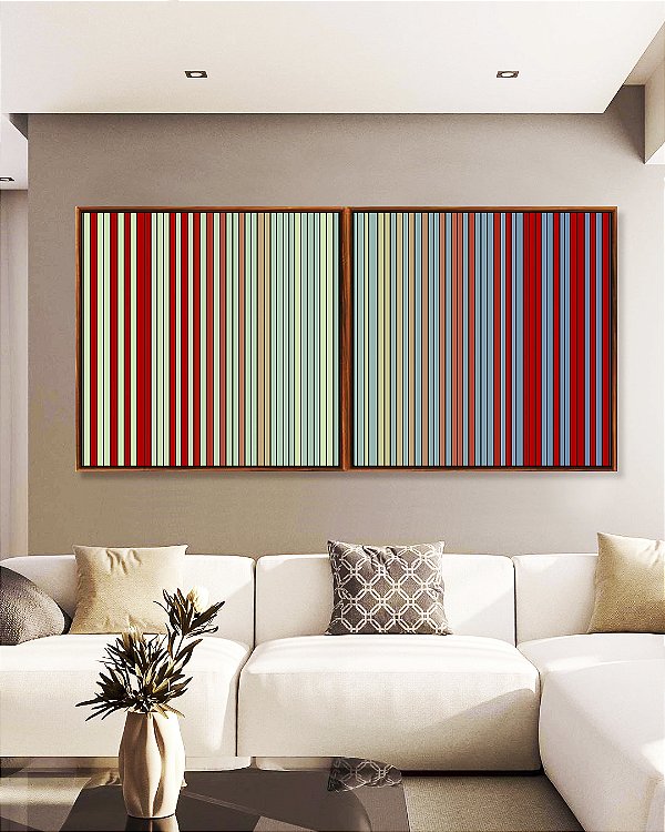 Duo de Quadros Quadrados Abstrato Degradê Listras Verde Menta Vermelho Tijolo Azul Canvas Moldura