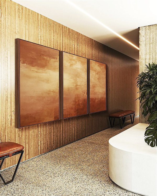 Trio de Quadros Abstrato Marrom Terra Bronze Caramelo Textura Canvas Moldura
