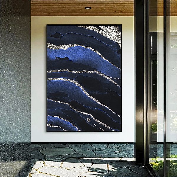 Quadro Vertical Abstrato Cores Tons de Azul Prateado Textura Canvas Moldura